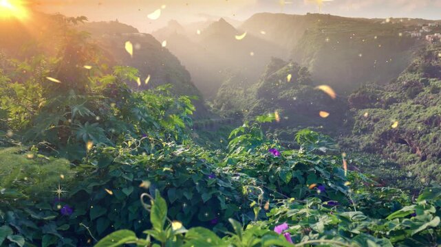 Golden morning light illuminates a vibrant mountain valley with animated sparkling particles and falling leaves.
