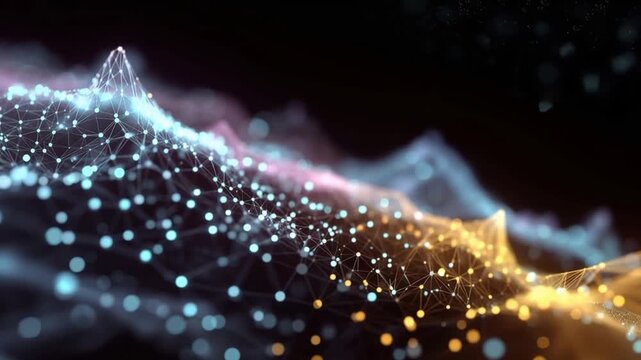 Abstract network of glowing particles forms undulating digital waves, creating a mesmerizing visualization of data flow and connectivity. ..Created with Generative AI, not depicting real subjects.