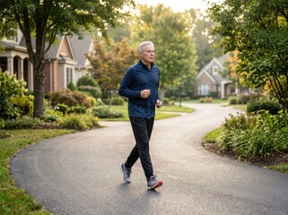 Fototapeta premium Active Senior Man Running on Suburban Street in Morning Sunlight