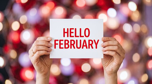 Hands holding a hello february sign against colorful blurred bokeh lights