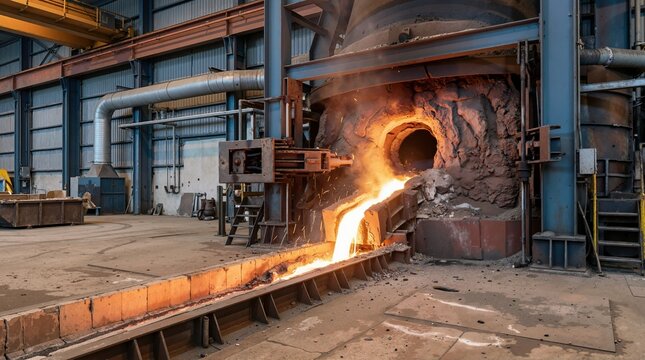 Molten metal pouring from a blast furnace in a heavy industrial steel plant. Metallurgy and manufacturing concept