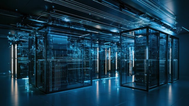 Futuristic server room with glass racks and blue digital data streams