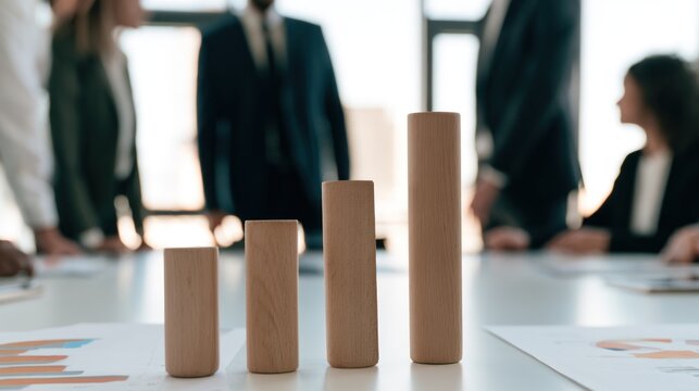 Wooden blocks form an increasing bar graph on a table with people in the background representing business growth