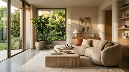 Modern living room interior with a curved beige sofa and large windows overlooking a garden