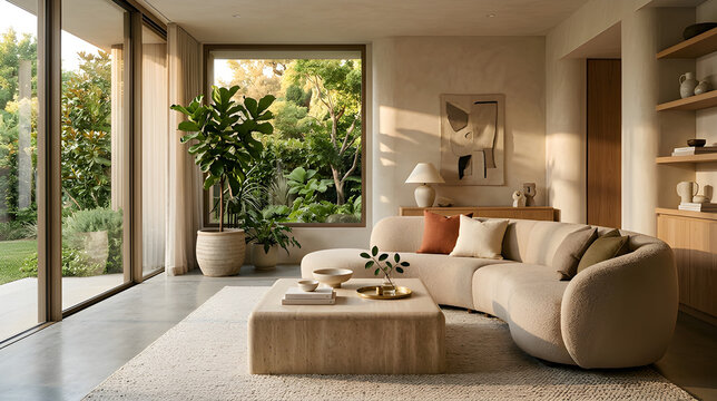 Modern living room interior with a curved beige sofa and large windows overlooking a garden