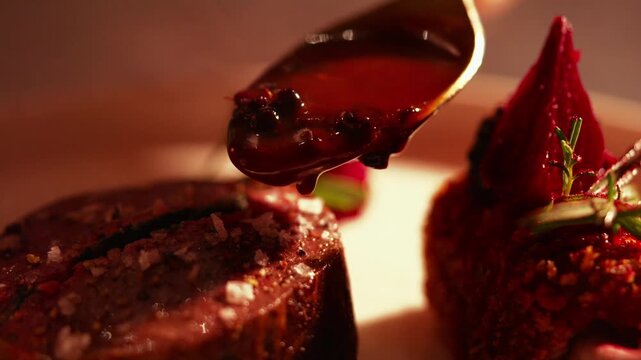 Sauce being poured over a Close-up of gourmet beef dish with black caviar and cranberry sauce