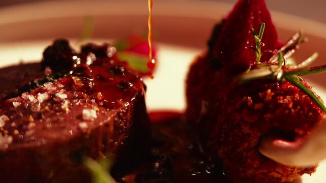 Close-up of gourmet beef dish with black caviar and cranberry sauce
