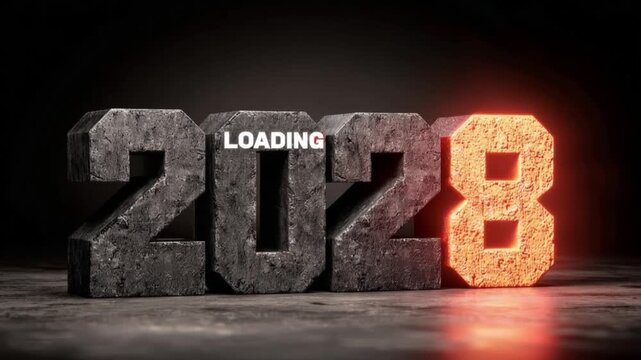 LOADING 2028 text on stone material in three dimensions, signifying the anticipation and imminent arrival of the year 2028, with a dark. ..Created with Generative AI, not depicting real subjects.