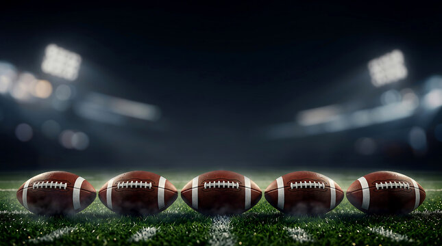 Footballs lined up on a green turf field under stadium lights. sport concept illustration