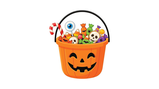 Halloween pumpkin bucket filled with assorted sugary candies and spooky treats for trick or treat celebrations