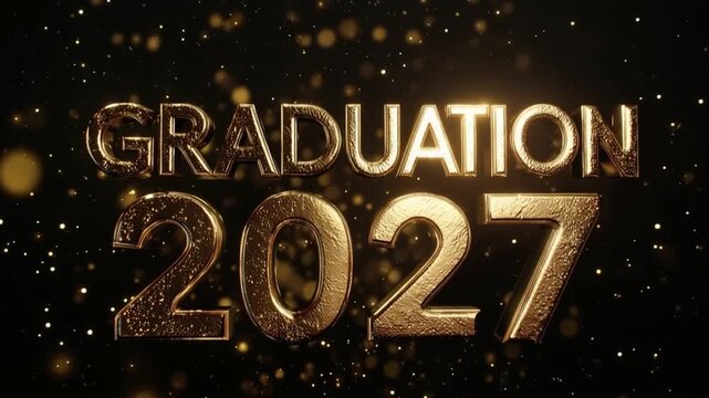 The word GRADUATION is displayed in 3D gold text, accompanied by the year 2027, against a dark, bokeh-filled background. ..Created with Generative AI, not depicting real subjects.