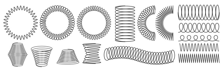 Fototapeta na wymiar Coil spring spiral icons with flexible metal wire shapes. Vector slinky elements with curly loop designs and helix circles. Stroke illustrations with steel cord objects for bounce twist patterns.