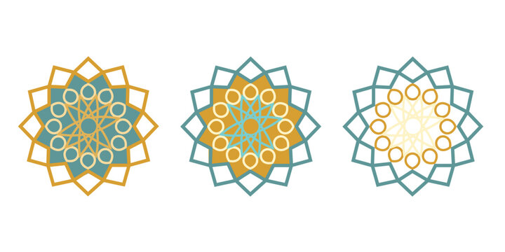 Set of Three Islamic Geometric Mandala Patterns in Teal and Gold.

