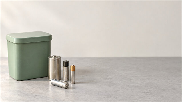 Household batteries beside green recycling container on grey surface with copy space