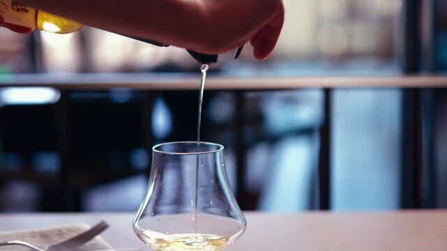Pouring liquid into a tulip glass on a dark wooden table