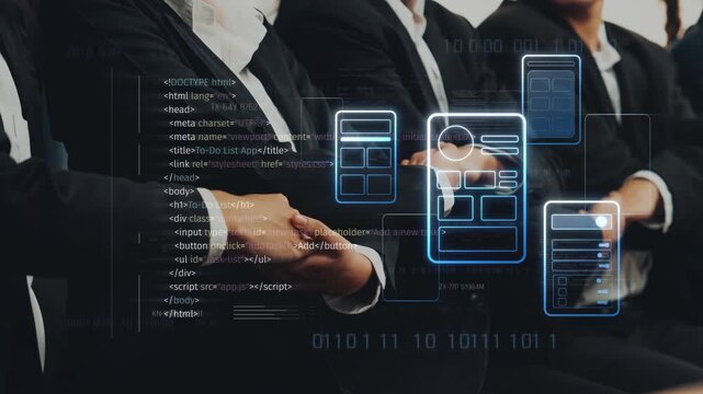 Business professionals in suits engage with a digital interface during a presentation, highlighting innovation and collaboration in technology-driven workplaces. Raster