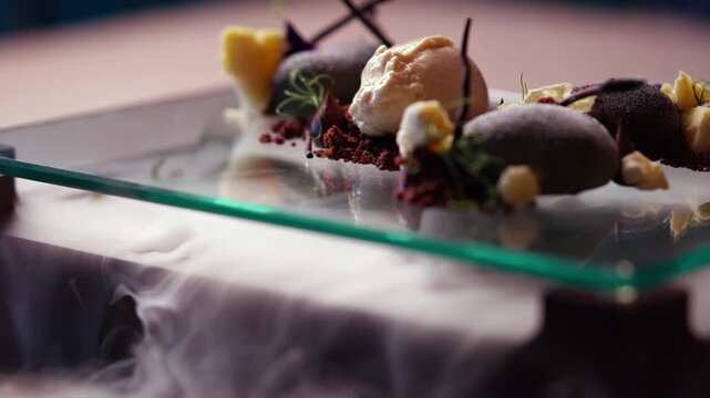 Elegant dessert plating with smoke and edible flowers on glass
