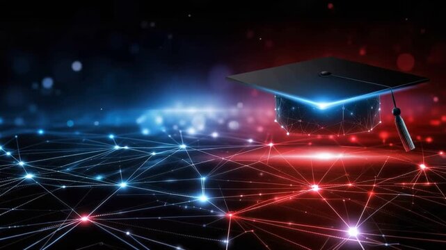Graduation cap with digital network effect and bokeh background, representing education and technology innovation. ..Created with Generative AI, not depicting real subjects.