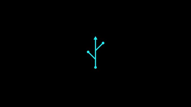 Minimal white branching arrow icon on a black background, symbolizing data transfer, connection, navigation, workflow, and network branching.