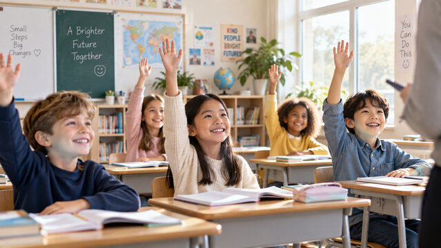 Children raising hands eagerly in classroom during lesson
