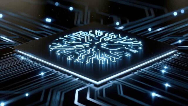 A high-tech processor chip with glowing blue circuitry symbolizes advanced artificial intelligence and a futuristic technological landscape. ..Created with Generative AI, not depicting real subjects.