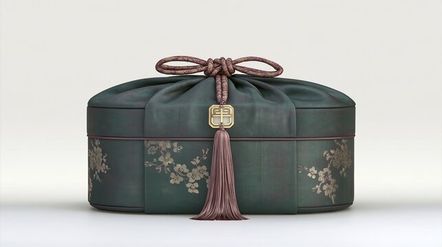 Traditional Chinese style dark green round gift box with golden plum blossom pattern and purple knot tassel oriental decorative packaging gift concept