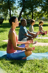 Fototapeta premium Vertical shot of multiethnic diverse group with middle aged Caucasian woman and African American man practicing yoga meditation outdoors, perfect for mindfulness mental health campaign