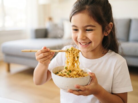 Little girl happily eating noodles with wooden chopsticks from a ceramic bowl chopsticks enjoying childhood delicious nutrition homemade domestic lifestyle culinary appetite slurping