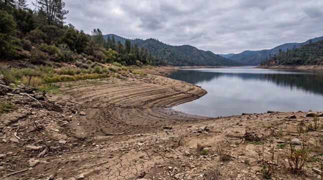 Reservoir shoreline showing receded water levels and drought rings