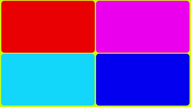 Vibrant four-panel split screen background, with dynamic color, blocks and minimalist, abstract colorful