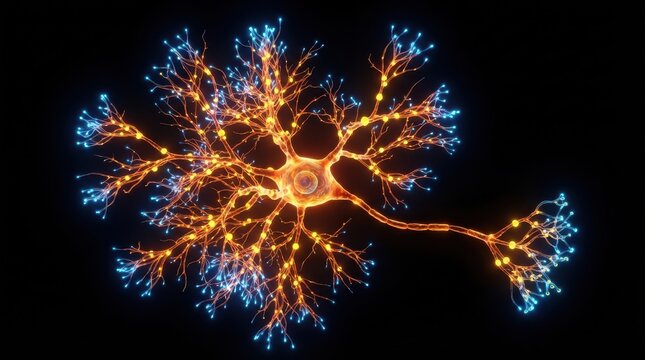 Glowing human neuron cell with branching dendrites and electrical signals in a dark space