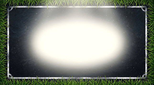 Stadium frame with green grass border and bright central glow featuring sport, athletic