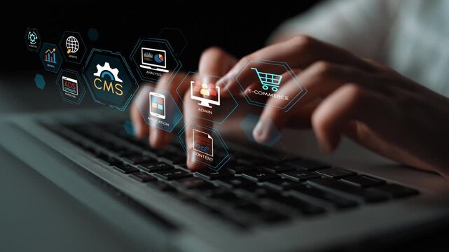Hands Typing on Keyboard with Digital Icons Representing E-commerce, CMS, and Data Management in a Modern Workspace. Entropy.