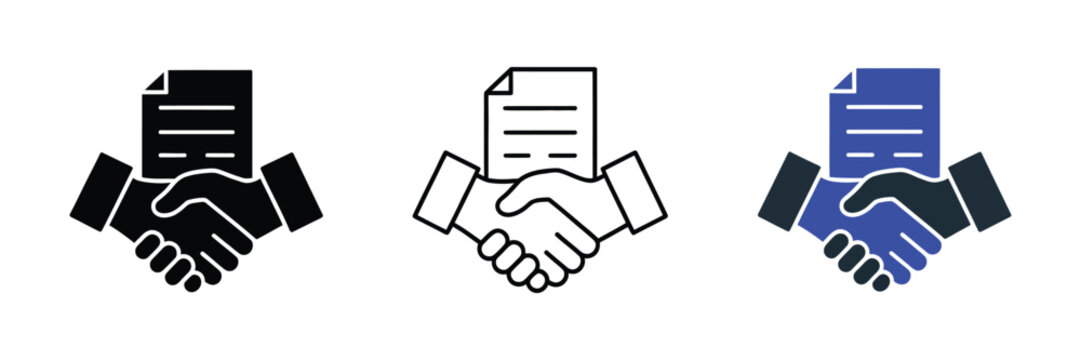 Handshake And Document Icon, Business Agreement Pictogram, Contract Signing, Deal Approval, Partnership Negotiation, Terms Acceptance, Legal Conditions And Corporate Collaboration.