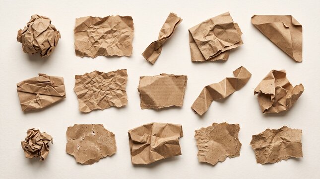  collection of crumpled beigh  paper texture  isolated on white back ground