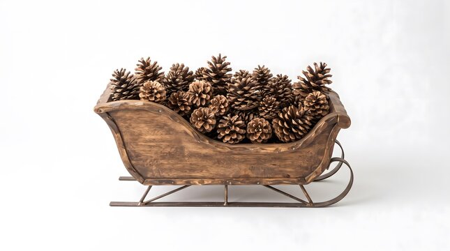 Rustic wooden sleigh filled with natural pine cones isolated on white background for Christmas holiday decoration