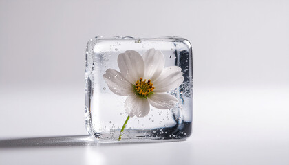 A single delicate white flower frozen inside a perfectly transparent ice cube © benjawan