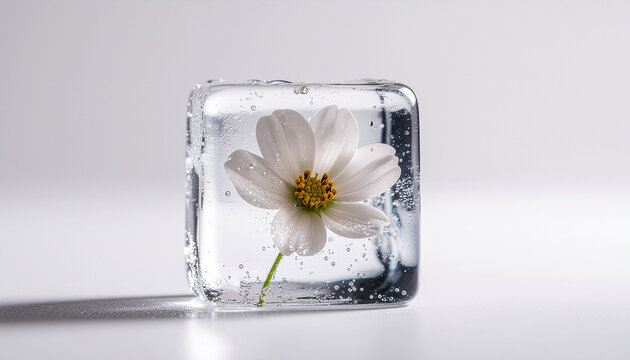 A single delicate white flower frozen inside a perfectly transparent ice cube
