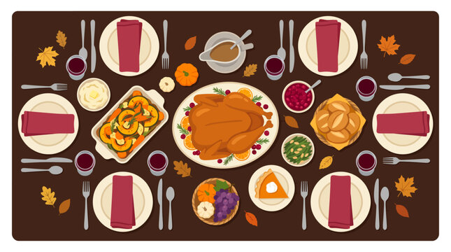 Thanksgiving holiday feast table top view with roasted turkey and autumn dishes vector illustration