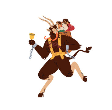 Krampus running with crying scared children in basket on back, ringing bell. Christmas pagan devil kidnapping naughty kids. Bad folk Xmas demon. Flat vector illustration isolated on white background