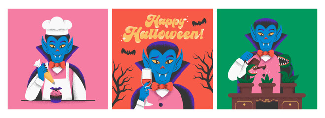 Fototapeta premium Cartoon Vampire with Cape and Bats Stock Vector. Set of Dracula images in a retro textured style