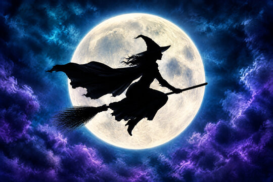 bruja en silueta negra cruzando la luna llena