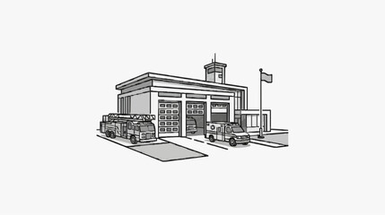 Obraz premium Fire Station Sketch with Emergency Vehicles and Ambulance Outside