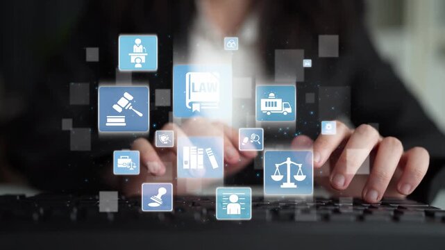 Law icons illustrate justice, court, and regulation system. Law represents fairness, law supports police, and law connects with rules, rights, and enforcement. Funnel