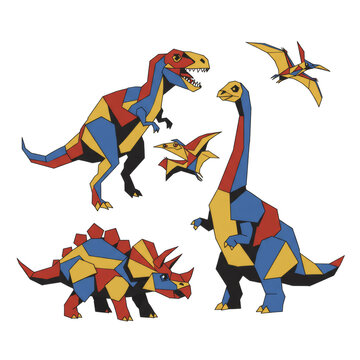 Set of colorful geometric dinosaurs on transparent background. Tyrannosaurus rex, brachiosaurus, stegosaurus, triceratops and pterodactyl in polygonal