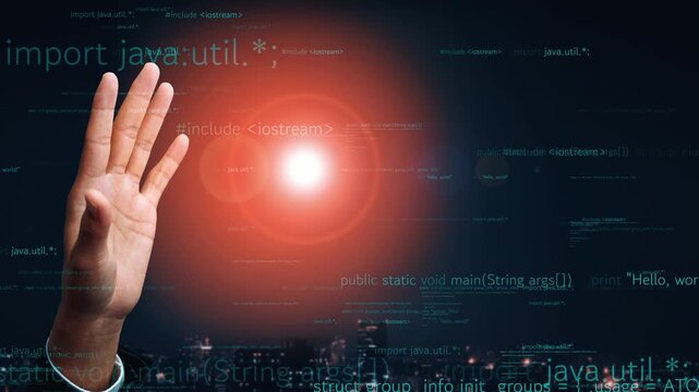 A conceptual image showcasing a hand gesture against a backdrop of digital programming code with striking light effects, symbolizing technology and innovation in computing. Xenic
