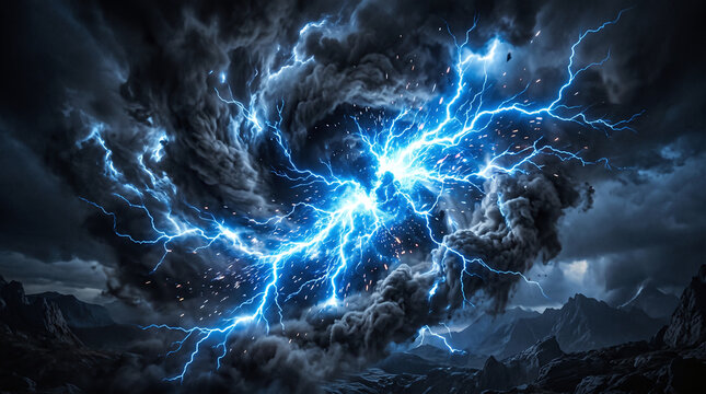 Dramatic electrical lightning storm striking through dark heavy thunder clouds.