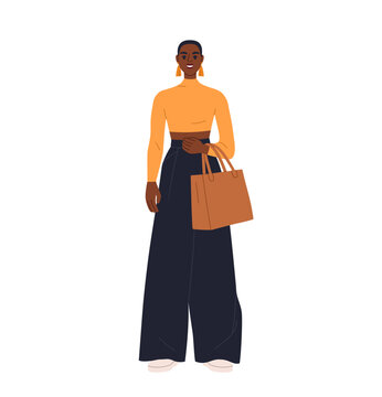 Black woman, modern fashion girl on white. Young woman in modern style outfit, spring fashion clothes. African-American girl standing with bag. Flat cartoon vector illustration isolated on white