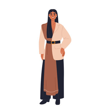 Woman in modern and traditional clothing. Happy young business woman dressed in fashion outfit with ethnic cultural scarf. Indian female in modern clothing. Flat vector illustration isolated on white