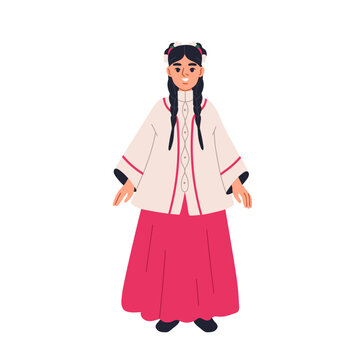 Girl in hanfu, Chinese dress. Asian girl in Chinese clothing. Kid in traditional Asian clothing, cultural ethnic outfit. Female costume, dress from China. Flat vector illustration isolated on white